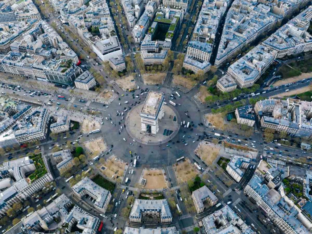 The view of the Arc de Triomphe from above showasing the shape of a Star.